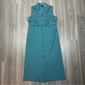 Melissa Harper Teal Navy Houndstooth‎ Button Front Sleeveless Midi Dress Women’s